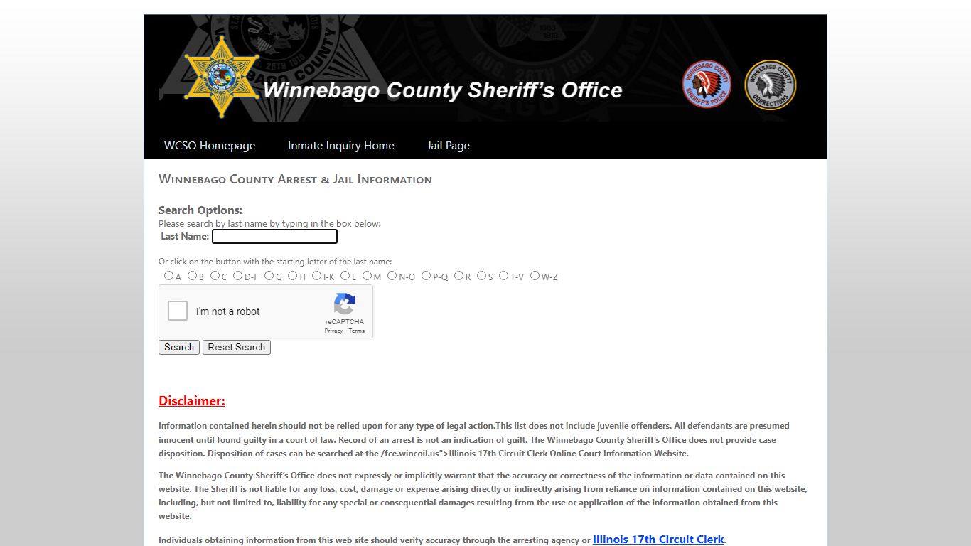 Winnebago County Sheriff's Office -- Inmate Inquiry